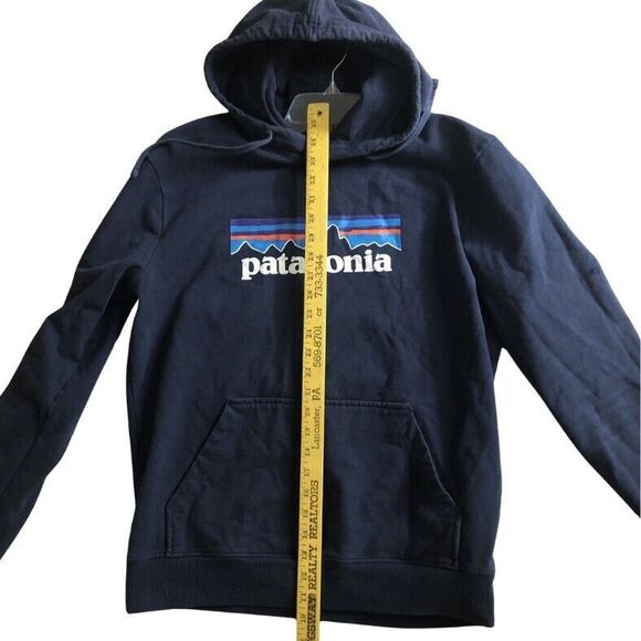 Patagonia P-6 Logo Uprisal Hoodie Sweatshirt Sz M Navy Blue Fitz Roy Thrashed - Picture 11 of 14
